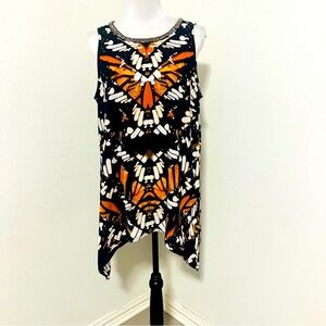 Alfani Women’s Plus Size 14 Butterfly Patterned Blouse Beaded Sleeveless EUC